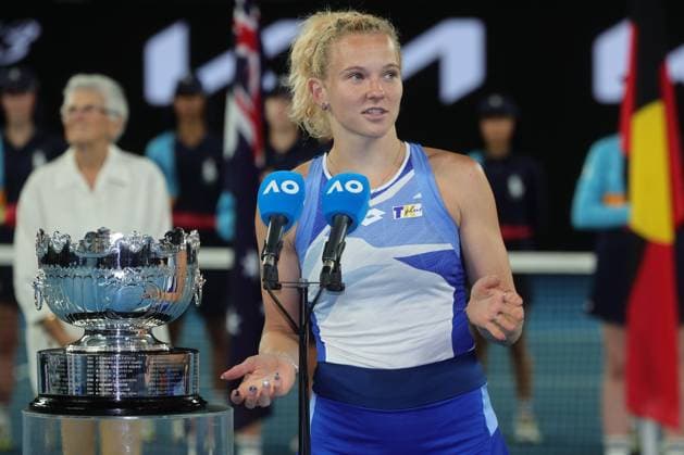 Katerina Siniakova of Czech gives a speech after Barbora Krejcikova and Katerina Siniakova of Czech Republic defeat Shuko Aoyama and Ena Shibahara of Japan 6-4 6-3 in WomenÕs Doubles Final match, Day 14 at the Australian Open Tennis 2023 at Rod Laver Arena, Melbourne, Australia on 29 January 2023. Copyright: xPeterxDovganx 34782820