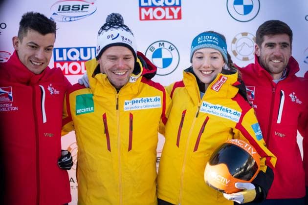 Christopher Grotheer, Susanne Kreher (Deutschland) jubeln ueber den Sieg im Team Event, CH, BMW IBSF Skeleton Weltmeisterschaft Olympia Bob Run Sankt Moritz, Mixed Team Wettkampf, 29.01.2023, Saison 2022 2023 CH, BMW IBSF Skeleton Weltmeisterschaft Olympia Bob Run Sankt Moritz, Mixed Team Wettkampf, 29.01.2023, Saison 2022 2023 St. Moritz *** Christopher Grotheer, Susanne Kreher Germany cheer on victory in team event, CH, BMW IBSF Skeleton World Championship Olympic Bob Run Sankt Moritz, Mixed Team Competition, 29 01 2023, season 2022 2023 CH, BMW IBSF Skeleton World Championship Olympic Bob Run Sankt Moritz, Mixed Team Competition, 29 01 2023, season 2022 2023 St Moritz Copyright: xEibner Memmlerx EP_MMR