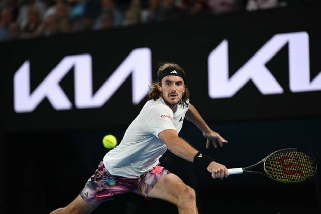 TENNIS AUSTRALIAN OPEN, Stefanos Tsitsipas of Greece in action during the Men?s Singles Final against Novak Djokovic of Serbia at the 2023 Australian Open tennis tournament at Melbourne Park in Melbourne, Sunday, January 29, 2023. ( NO ARCHIVING, EDITORIAL USE ONLY, NO USE IN BOOKS WITHOUT CONSENT MELBOURNE VICTORIA AUSTRALIA  Copyright: xJOELxCARRETTx 20230129001757884579