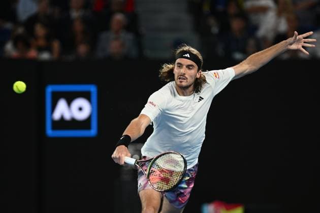 TENNIS AUSTRALIAN OPEN, Stefanos Tsitsipas of Greece in action during the Men?s Singles Final against Novak Djokovic of Serbia at the 2023 Australian Open tennis tournament at Melbourne Park in Melbourne, Sunday, January 29, 2023. ( NO ARCHIVING, EDITORIAL USE ONLY, NO USE IN BOOKS WITHOUT CONSENT MELBOURNE VICTORIA AUSTRALIA  Copyright: xJOELxCARRETTx 20230129001757886450