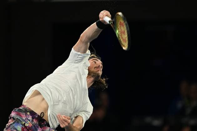 TENNIS AUSTRALIAN OPEN, Stefanos Tsitsipas of Greece in action during the Men?s Singles Final against Novak Djokovic of Serbia at the 2023 Australian Open tennis tournament at Melbourne Park in Melbourne, Sunday, January 29, 2023. ( NO ARCHIVING, EDITORIAL USE ONLY, NO USE IN BOOKS WITHOUT CONSENT MELBOURNE VICTORIA AUSTRALIA  Copyright: xLUKASxCOCHx 20230129001757887280