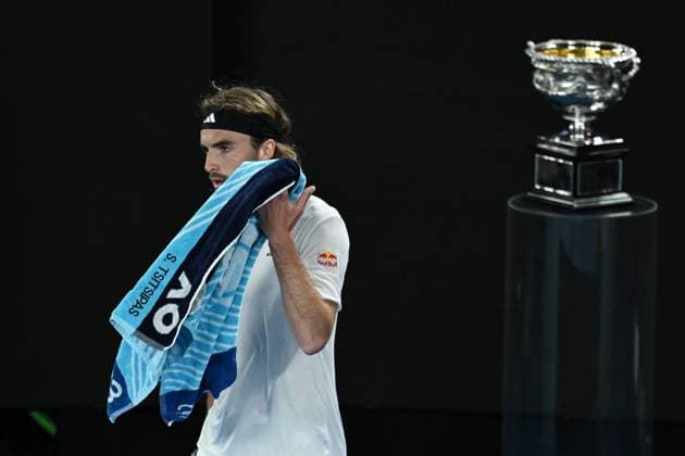 TENNIS AUSTRALIAN OPEN, Stefanos Tsitsipas of Greece during the Men?s Singles Final against Novak Djokovic of Serbia at the 2023 Australian Open tennis tournament at Melbourne Park in Melbourne, Sunday, January 29, 2023. ( NO ARCHIVING, EDITORIAL USE ONLY, NO USE IN BOOKS WITHOUT CONSENT MELBOURNE VICTORIA AUSTRALIA  Copyright: xLUKASxCOCHx 20230129001757894420