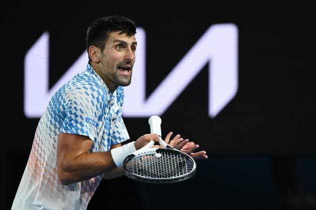 TENNIS AUSTRALIAN OPEN, Novak Djokovic of Serbia reacts during the Men?s Singles Final against Stefanos Tsitsipas of Greece at the 2023 Australian Open tennis tournament at Melbourne Park in Melbourne, Sunday, January 29, 2023. ( NO ARCHIVING, EDITORIAL USE ONLY, NO USE IN BOOKS WITHOUT CONSENT MELBOURNE VICTORIA AUSTRALIA  Copyright: xJOELxCARRETTx 20230129001757895475
