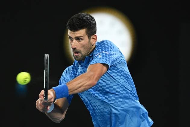 TENNIS AUSTRALIAN OPEN, Novak Djokovic of Serbia in action during the Men?s Singles Final against Stefanos Tsitsipas of Greece at the 2023 Australian Open tennis tournament at Melbourne Park in Melbourne, Sunday, January 29, 2023. ( NO ARCHIVING, EDITORIAL USE ONLY, NO USE IN BOOKS WITHOUT CONSENT MELBOURNE VICTORIA AUSTRALIA  Copyright: xJOELxCARRETTx 20230129001757901509