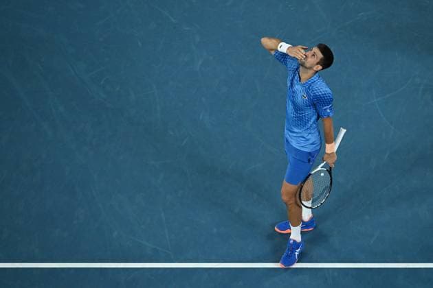 TENNIS AUSTRALIAN OPEN, Novak Djokovic of Serbia celebrates match point in the Men?s Singles Final against Stefanos Tsitsipas of Greece at the 2023 Australian Open tennis tournament at Melbourne Park in Melbourne, Sunday, January 29, 2023. ( NO ARCHIVING, EDITORIAL USE ONLY, NO USE IN BOOKS WITHOUT CONSENT MELBOURNE VICTORIA AUSTRALIA  Copyright: xLUKASxCOCHx 20230129001757913760