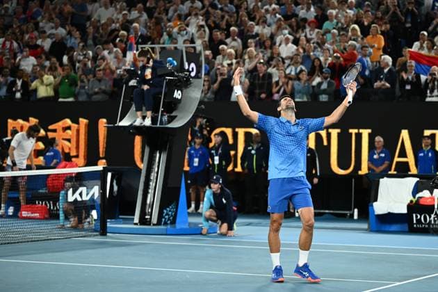 TENNIS AUSTRALIAN OPEN, An emotional Novak Djokovic of Serbia match point following his win in the Men?s Singles Final against Stefanos Tsitsipas of Greece at the 2023 Australian Open tennis tournament at Melbourne Park in Melbourne, Sunday, January 29, 2023. ( NO ARCHIVING, EDITORIAL USE ONLY, NO USE IN BOOKS WITHOUT CONSENT MELBOURNE VICTORIA AUSTRALIA  Copyright: xJOELxCARRETTx 20230129001757913892