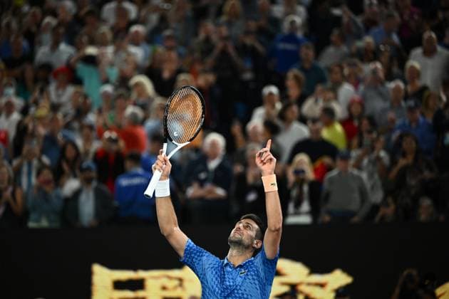 TENNIS AUSTRALIAN OPEN, An emotional Novak Djokovic of Serbia celebrates match point following his win in the Men?s Singles Final against Stefanos Tsitsipas of Greece at the 2023 Australian Open tennis tournament at Melbourne Park in Melbourne, Sunday, January 29, 2023. ( NO ARCHIVING, EDITORIAL USE ONLY, NO USE IN BOOKS WITHOUT CONSENT MELBOURNE VICTORIA AUSTRALIA  Copyright: xJOELxCARRETTx 20230129001757915276
