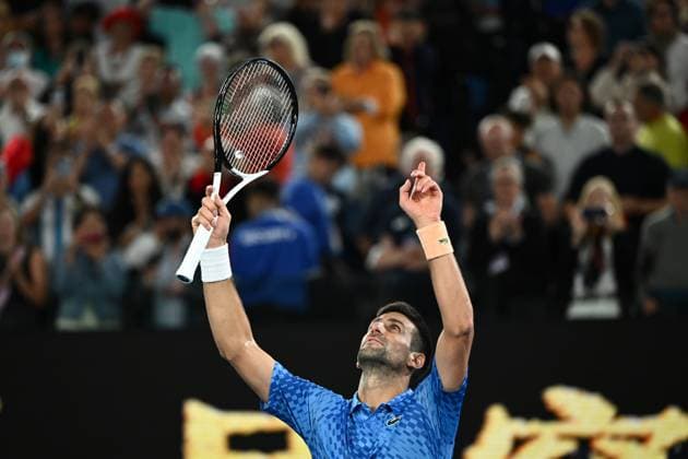 TENNIS AUSTRALIAN OPEN, An emotional Novak Djokovic of Serbia celebrates match point following his win in the Men?s Singles Final against Stefanos Tsitsipas of Greece at the 2023 Australian Open tennis tournament at Melbourne Park in Melbourne, Sunday, January 29, 2023. ( NO ARCHIVING, EDITORIAL USE ONLY, NO USE IN BOOKS WITHOUT CONSENT MELBOURNE VICTORIA AUSTRALIA  Copyright: xJOELxCARRETTx 20230129001757915509