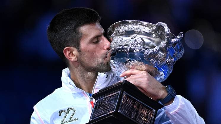 TENNIS AUSTRALIAN OPEN, Novak Djokovic of Serbia kisses the Norman Brooks Challenge Cup after winning the men?s singles final against Stefanos Tsitsipas of Greece at the 2023 Australian Open tennis championship at Melbourne Park in Melbourne, Sunday, January 29, 2023. ( NO ARCHIVING, EDITORIAL USE ONLY, NO USE IN BOOKS WITHOUT CONSENT MELBOURNE VICTORIA AUSTRALIA  Copyright: xJamesxRossx 20230129001757928764