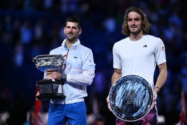 TENNIS AUSTRALIAN OPEN, Novak Djokovic of Serbia and Stefanos Tsitsipas of Greece following the Men?s Singles Final at the 2023 Australian Open tennis tournament at Melbourne Park in Melbourne, Sunday, January 29, 2023. ( NO ARCHIVING, EDITORIAL USE ONLY, NO USE IN BOOKS WITHOUT CONSENT MELBOURNE VICTORIA AUSTRALIA  Copyright: xJOELxCARRETTx 20230129001757931492