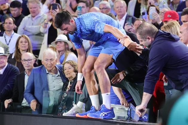 Novak Djokovic of Serbia reacts to defeating Stefanos Tsitsipas of Greece 6-3 7-6 7-6 during the Men™s Final match, Day 14 at the Australian Open Tennis 2023 at Rod Laver Arena, Melbourne, Australia on 29 January 2023. Copyright: xPeterxDovganx 34782855