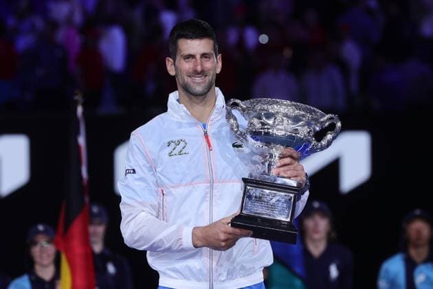 Novak Djokovic of Serbia poses with his champions trophy after defeating Stefanos Tsitsipas of Greece 6-3 7-6 7-6 during the Men™s Final match, Day 14 at the Australian Open Tennis 2023 at Rod Laver Arena, Melbourne, Australia on 29 January 2023. Copyright: xPeterxDovganx 34782864