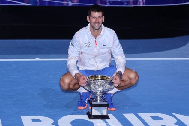 Novak Djokovic of Serbia poses with his champions trophy after defeating Stefanos Tsitsipas of Greece 6-3 7-6 7-6 during the Men™s Final match, Day 14 at the Australian Open Tennis 2023 at Rod Laver Arena, Melbourne, Australia on 29 January 2023. Copyright: xPeterxDovganx 34782874