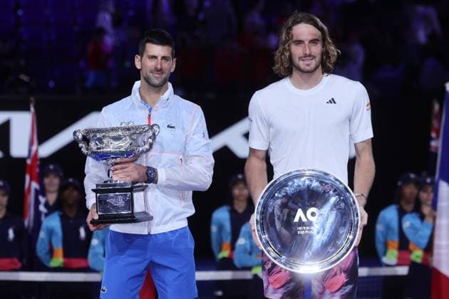 Champion Novak Djokovic of Serbia and Runners Up Stefanos Tsitsipas of Greece poses with their champions trophies during the Men™s Final match, Day 14 at the Australian Open Tennis 2023 at Rod Laver Arena, Melbourne, Australia on 29 January 2023. Copyright: xPeterxDovganx 34782878