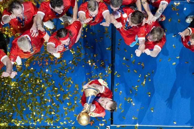 230129 Mathias Gidsel of Denmark celebrate with the trophy after the 2023 IHF World Mens Handball Championship final between France and Denmark on January 29, 2023 in Stockholm Photo Joel Marklund BILDBYRAN code JM JZ0324 handball handball handball handballs vm vm france denmark denmark 2023 ihf world mens handball championship france bbeng final jubilation,  Copyright: JOELxMARKLUND BB230129JM047