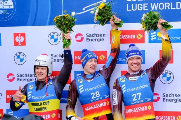 Bilder des Jahres 2023, Sport 02 Februar Sport Themen der Woche KW05 Sport Bilder des Tages Eberspächer Rodel Weltcup in Altenberg am 05.02.2023. 2. Lauf Herren. Dominik Fischnaller (ITA), Max Langenhan (GER), Felix Loch (GER) (v.l.). *** Eberspächer Luge World Cup in Altenberg on 05 02 2023 2 run men Dominik Fischnaller ITA , Max Langenhan GER , Felix Loch GER v l