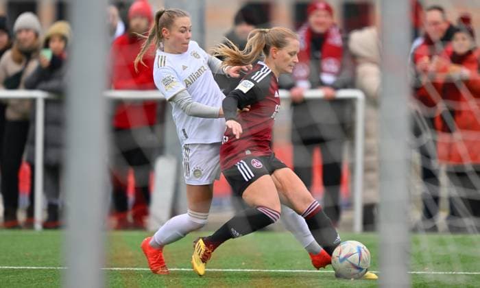 05 02 2023 Football Women Season 2022 2023 2 Bundesliga 12 Matchday 1 FC Nürnberg FCN Club FC Bayern München II FCB Sportfoto Zink regulations prohibit any use of photographs as image sequences and or quasi video Nike Herrmann 14, FC Bayern München II Luisa Guttenberger 2, 1 FC Nürnberg FCN , right