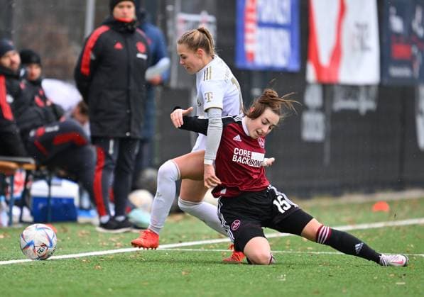 05 02 2023 Football Women Women Season 2022 2023 2 Bundesliga 12 Matchday 1 FC Nürnberg FCN Club FC Bayern München II FCB Sportfoto Zink regulations prohibit any use of photographs as image sequences and or quasi video Nike Herrmann 14, FC Bayern München II Rebekka Salfelder 15, 1 FC Nürnberg FCN , right