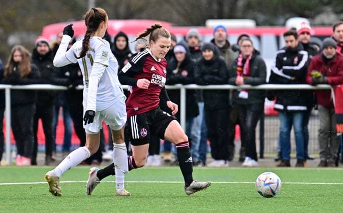 05 02 2023 Football Women Season 2022 2023 2 Bundesliga 12 Matchday 1 FC Nürnberg FCN Club FC Bayern München II FCB Sportfoto Zink regulations prohibit any use of photographs as image sequences and or quasi video Merita Gashi 11, FC Bayern München II causes penalty kick with foul against Nastassja Lein 24, 1 FC Nürnberg FCN in penalty area