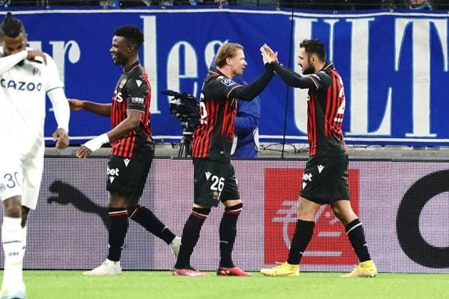 joie - GaÃ«tan Laborde (OGC Nice) - Melvin Bard (OGC Nice) FOOTBALL : Olympique de Marseille vs OGC Nice - Ligue 1 Ubereats - Marseille - 05 02 2023 NorbertScanella Panoramic 