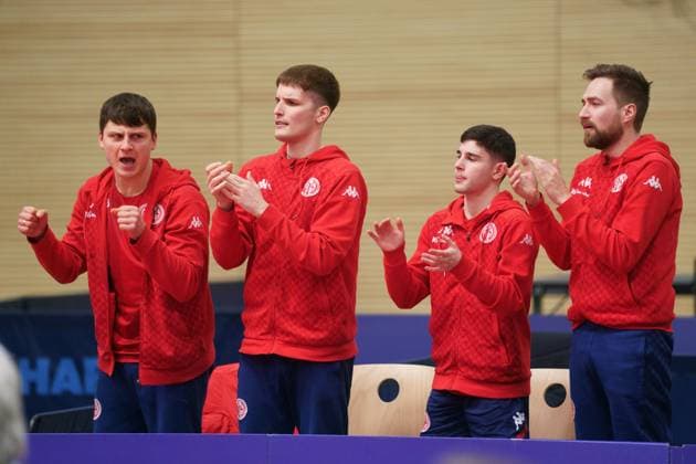 ANDREI PUTUNTICA, LUKA MLADENOVIC, CARLO ROSSI, TAMASZ KASICA MAINZ CELEBRATES FIRST HOME WIN 1 FSV MAINZ 05 TTC NEU ULM 1 TISCHTENNIS BUNDESLIGA MAINZ