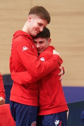 LUKA MLADENOVIC, CARLO ROSS MAINZ CELEBRATES FIRST HOME WIN 1 FSV MAINZ 05 TTC NEU ULM 1 TISCHTENNIS BUNDESLIGA MAINZ