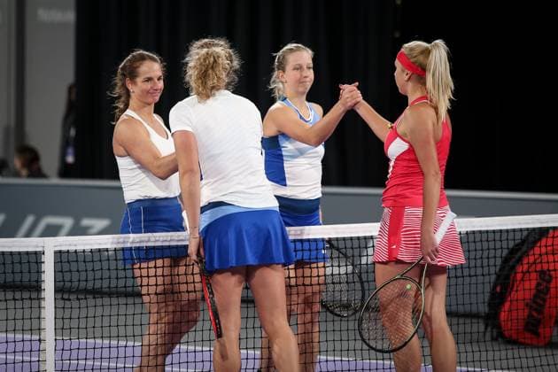 TENNIS - WTA, Tennis Damen Upper Austria Ladies Linz LINZ,AUSTRIA,06.FEB.23 - TENNIS - WTA Tour, Upper Austria Ladies Linz. Image shows Melanie Klaffner and Sinja Kraus (AUT), Anna Lena Friedsam (GER) and Nadia Kichenok (UKR).  GEPAxpictures xManfredxBinder