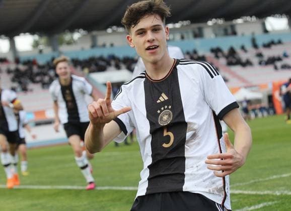 Goal celebration 2 0 Germany, scorer Luca Erlein GER Sport Football international match, UEFA Development Tournament in Altura, Portugal season 22 23 Germany vs France , U16 national team, 08 02 2023
