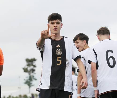 Goal celebration 2 0 Germany, scorer Luca Erlein GER Sport Football international match, UEFA Development Tournament in Altura, Portugal season 22 23 Germany vs France , U16 national team, 08 02 2023