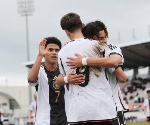 Goal celebration Germany sports football international match, UEFA Development Tournament in Altura, Portugal season 22 23 Germany vs France , U16 national team, 08 02 2023