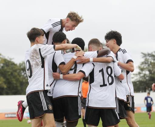 Goal celebration 3 0 Germany, by scorer Ken Izekor GER Sport Football international match, UEFA Development Tournament in Altura, Portugal season 22 23 Germany vs France , U16 national team, 08 02 2023