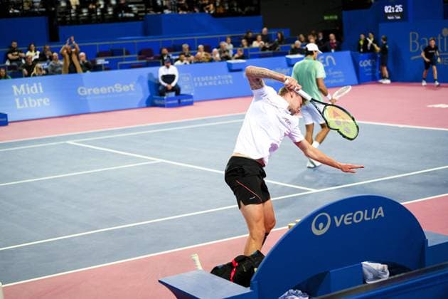 Sport Themen der Woche KW06 Alexander Bulbik (Kaz) cassant ses raquettes TENNIS : 13e Open Sud de France - 08 02 2023 JBAutissier Panoramic 