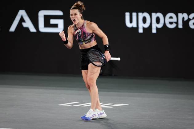 TENNIS - WTA, Tennis Damen Upper Austria Ladies Linz LINZ,AUSTRIA,08.FEB.23 - TENNIS - WTA Tour, Upper Austria Ladies Linz. Image shows the rejoicing of Maria Sakkari (GRE).  GEPAxpictures xManfredxBinder