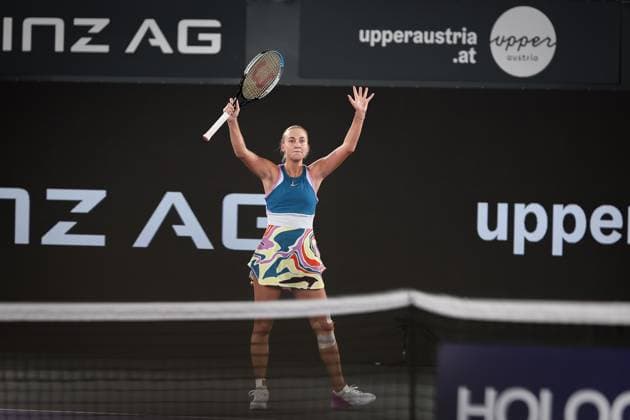 TENNIS - WTA, Tennis Damen Upper Austria Ladies Linz LINZ,AUSTRIA,10.FEB.23 - TENNIS - WTA Tour, Upper Austria Ladies Linz. Image shows the rejoicing of Anastasia Potapova (RUS).  GEPAxpictures xManfredxBinder