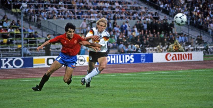17 06 88 Germany Spain Germany, Munich, 17 06 1988, Football, European Championship EM 1988 in Germany, Germany Spain 2 0 v l Tomas Renones Spain , Jürgen Klinsmann Germany