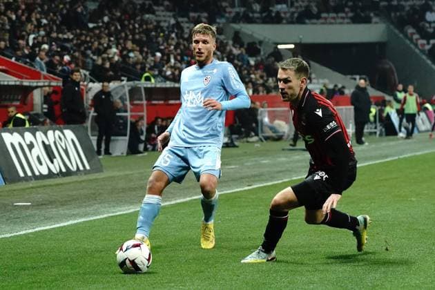 Clement Vidal (AC Ajaccio) - Aaron Ramsey (OGC Nice) FOOTBALL : OGC Nice vs AC Ajaccio - Ligue 1 Ubereats - Nice - 10 02 2023 NorbertScanella Panoramic 