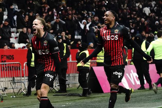 joie - Billal Brahimi (OGC Nice) - Pablo Rosario (OGC Nice) FOOTBALL : OGC Nice vs AC Ajaccio - Ligue 1 Ubereats - Nice - 10 02 2023 NorbertScanella Panoramic 