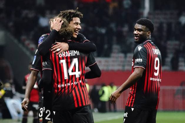 joie - Billal Brahimi (OGC Nice) - Jean Clair Todibo (OGC Nice) FOOTBALL : OGC Nice vs AC Ajaccio - Ligue 1 Ubereats - Nice - 10 02 2023 NorbertScanella Panoramic 