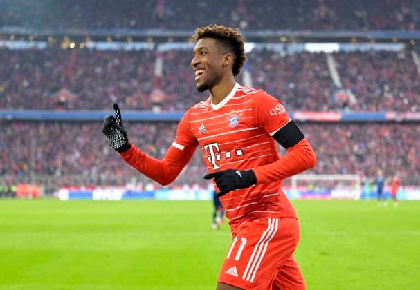 11 02 2023, Football 1 Bundesliga 2022 2023, 20 Matchday, FC Bayern Munich VfL Bochum, at Allianz Arena Munich goal celebration after 2 0 Kingsley Coman FC Bayern Munich cheers, DFL and DFB regulations prohibit any use of photographs as image sequences and or quasi video
