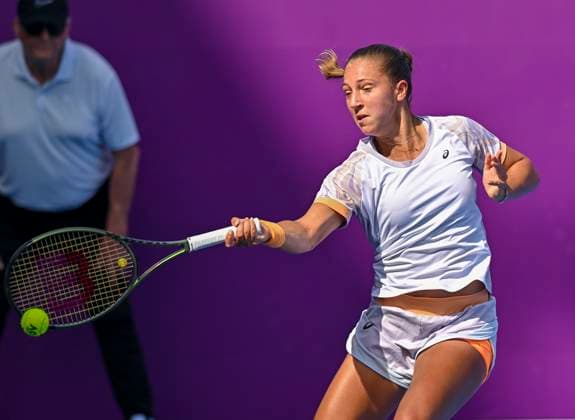 Qatar TotalEnergies Open 2023 Diane Parry of France in action during her 1st round Qualifying match against Magdalena Frech of Poland at the WTA, Tennis Damen Qatar TotalEnergies Open tennis tournament at the Khalifa International Tennis Complex in Doha, Qatar, 11 February 2023 Doha Qatar  Copyright: xNoushadxThekkayilx originalFilename:varittyakkal-wtaqatar230211_nppRm.jpg