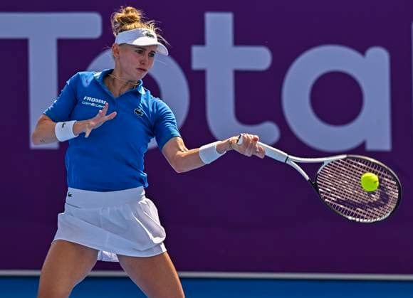 Qatar TotalEnergies Open 2023 Jil Teichmann of Switzerland in action during her 1st round Qualifying match against Sorana Cirstea of Romania at the WTA, Tennis Damen Qatar TotalEnergies Open tennis tournament at the Khalifa International Tennis Complex in Doha, Qatar, 11 February 2023 Doha Qatar  Copyright: xNoushadxThekkayilx originalFilename:varittyakkal-wtaqatar230211_np34d.jpg