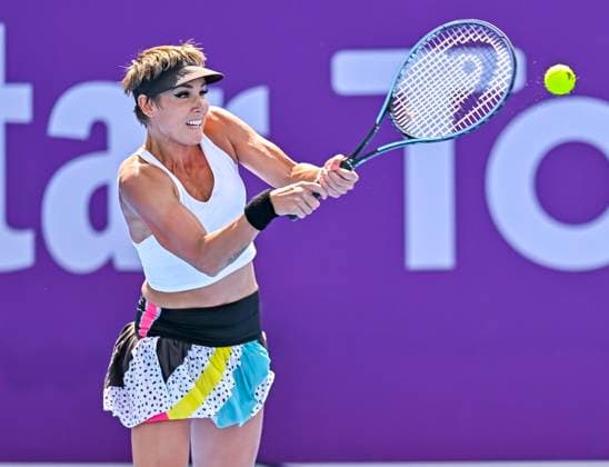 Qatar TotalEnergies Open 2023 Bethanie Mattek-Sands of United States in action during her 1st round Qualifying match against Aliaksandra Sasnovich of Belarus at the WTA, Tennis Damen Qatar TotalEnergies Open tennis tournament at the Khalifa International Tennis Complex in Doha, Qatar, 11 February 2023 Doha Qatar  Copyright: xNoushadxThekkayilx originalFilename:varittyakkal-wtaqatar230211_nprSM.jpg
