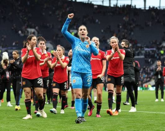 London, England, 12th February 2023. Goalkeeper Mary Earps of Man Utd women celebrates during the The FA Women s Super League match at the Tottenham Hotspur Stadium, London. Picture credit should read: David Klein Sportimage SPI-2216-0035 EDITORIAL USE ONLY. No use with unauthorised audio, video, data, fixture lists, club league logos or live services. Online in-match use limited to 120 images, no video emulation. No use in betting, games or single club league player publications.