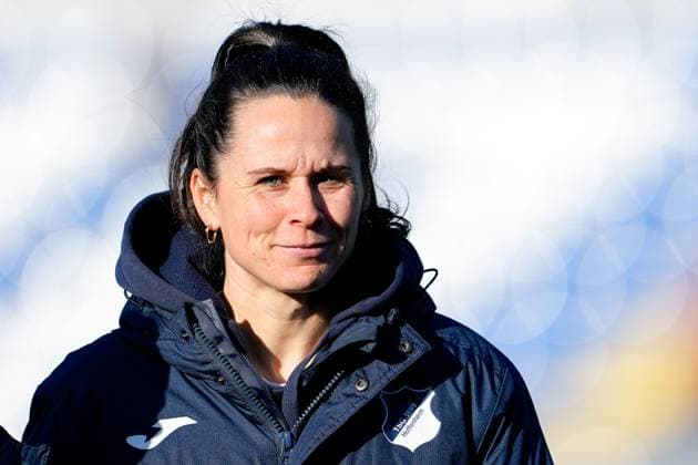 Nadine Rolser coach, TSG , single image, single photo, action, action, portrait, portrait, joy, happy, glad, friendly, cheerful, happy, beaming, optimistic, 12 02 2023, Sinsheim Hoffenheim Germany , Football, Flyeralarm Women Bundesliga, TSG 1899 Hoffenheim 1 FC Köln, 12 02 2023, Sinsheim Hoffenheim Germany , Football, Flyeralarm Frauen Bundesliga, TSG 1899 Hoffenheim 1 FC Köln, DFB DFL REGULATES PROHIBIT ANY USE OF PHOTOGRAPHS AS IMAGE SEQUENCES AND OR QUASI VIDEO xozx