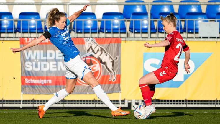 v li Fabienne Dongus TSG, 33 , Weronika Zawistowska Cologne, 24 , duel, game scene, duel, tackle, tackling, dynamics, action, action, 12 02 2023, Sinsheim Hoffenheim Germany , Football, Flyeralarm Frauen Bundesliga, TSG 1899 Hoffenheim 1 FC Köln, 12 02 2023, Sinsheim Hoffenheim Germany , Football, Flyeralarm Frauen Bundesliga, TSG 1899 Hoffenheim 1 FC Köln, DFB DFL REGULATES PROHIBIT ANY USE OF PHOTOGRAPHS AS IMAGE SEQUENCES AND OR QUASI VIDEO xozx