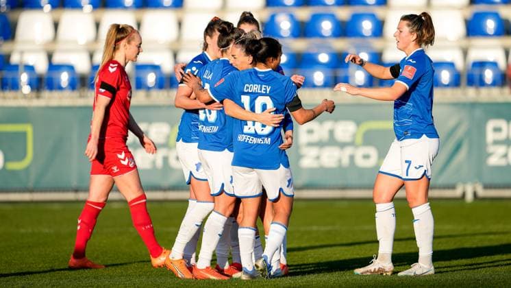 TSG 1899 Hoffenheim players, cheer about the goal to 1 0, jubilation, goal celebration, celebrate the goal, celebration, cheering about the goal, optimistic, game scene, highlight, action, action, 12 02 2023, Sinsheim Hoffenheim Germany , football, Flyeralarm Frauen Bundesliga, TSG 1899 Hoffenheim 1 FC Köln, 12 02 2023, Sinsheim Hoffenheim Germany , Football, Flyeralarm Frauen Bundesliga, TSG 1899 Hoffenheim 1 FC Köln, DFB DFL REGULATES PROHIBIT ANY USE OF PHOTOGRAPHS AS IMAGE SEQUENCES AND OR QUASI VIDEO xozx