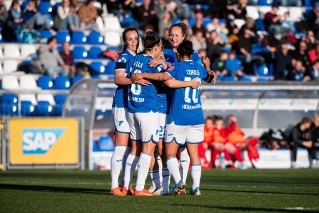 Nicole Billa TSG Hoffenheim, 16 , Julia Hickelsberger TSG Hoffenheim, 18 , Fabienne Dongus TSG Hoffenheim, 33 cheer about the goal to 1 0, GER, TSG 1899 Hoffenheim vs 1 FC Koeln, Fussball Flyeralarm Frauen Bundesliga, 12 Matchday, Season 2022 2023, 12 02 2023 GER, TSG 1899 Hoffenheim vs 1 FC Koeln, Football Flyeralarm Womens Bundesliga, 12 Matchday, Season 2022 2023, 12 02 2023 Hoffenheim Copyright: xEibner Memmlerx EP_MMR