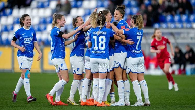 TSG 1899 Hoffenheim players, jubilate over the goal to 3 0, jubilation, goal celebration, celebrate the goal, celebration, jubilation over the goal, optimistic, game scene, highlight, action, action, 12 02 2023, Sinsheim Hoffenheim Germany , football, Flyeralarm Frauen Bundesliga, TSG 1899 Hoffenheim 1 FC Köln, 12 02 2023, Sinsheim Hoffenheim Germany , Football, Flyeralarm Frauen Bundesliga, TSG 1899 Hoffenheim 1 FC Köln, DFB DFL REGULATES PROHIBIT ANY USE OF PHOTOGRAPHS AS IMAGE SEQUENCES AND OR QUASI VIDEO xozx