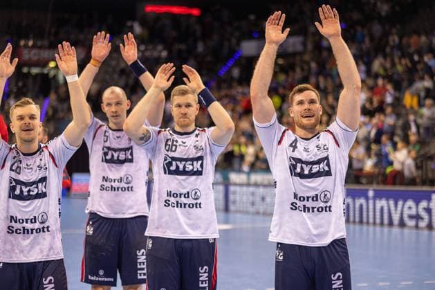 SG Flensburg Handewitt players cheer after victory, positive emotions, Johan Hansen SG Flensburg Handewitt, 26 , Simon Hald SG Flensburg Handewitt, 05 , Anton Lindskog SG Flensburg Handewitt, 66 , Johannes Golla SG Flensburg Handewitt, 04 cheers rejoices GER, TVB Stuttgart vs SG Flensburg Handewitt, handball, Liqui Moly HBL, Handball Bundesliga, 19 match day, season 2022 2023, 12 02 2023 GER, TVB Stuttgart vs SG Flensburg Handewitt, handball, Liqui Moly HBL, Handball Bundesliga, 19 match day, season 2022 2023, 12 02 2023 Stuttgart Copyright: xEibnerxPressefotox xOliverxSchmix EP_OST