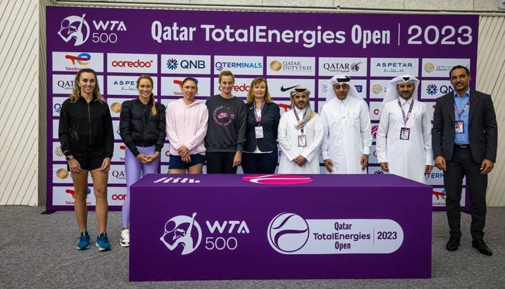 February 12, 2023, DOHA, QATAR: Ipek Oz of Turkey, Danielle Collins of the United States, Ekaterina Alexandrova of Russia and Petra Kvitova of the Czech Republic during the draw ceremony of the 2023 Qatar Totalenergies Open WTA, Tennis Damen 500 tennis tournament DOHA QATAR - ZUMAa181 20230212_zaa_a181_064 Copyright: xRobxPrangex